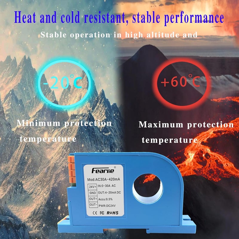 FEARLIE AC Current Transmitter,Hall DC Sensor,Output to PLC or Instrument,High Precision Perforated Sensing Current 0-30V-420mA - Image 4